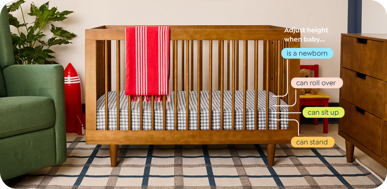 Adjustable mattress height - Cribs that grow as fast as they do! DaVinci cribs are built with 4 adjustable mattress positions to withstand even the most active babies! The mattress height should be lowered as your little one begins to sit and stand to reduce risk of climbing out.