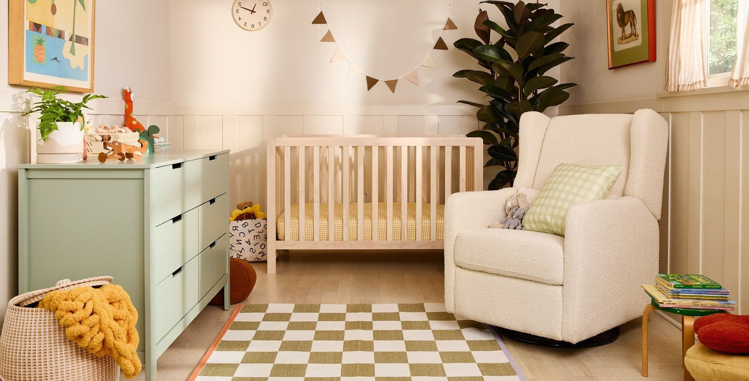 Image ofColby 4-in-1 Low-Profile Convertible Crib,
Marley 6-Drawer Double Dresser,Arlo Recliner and Swivel Glider | Ivory Boucle Fabric