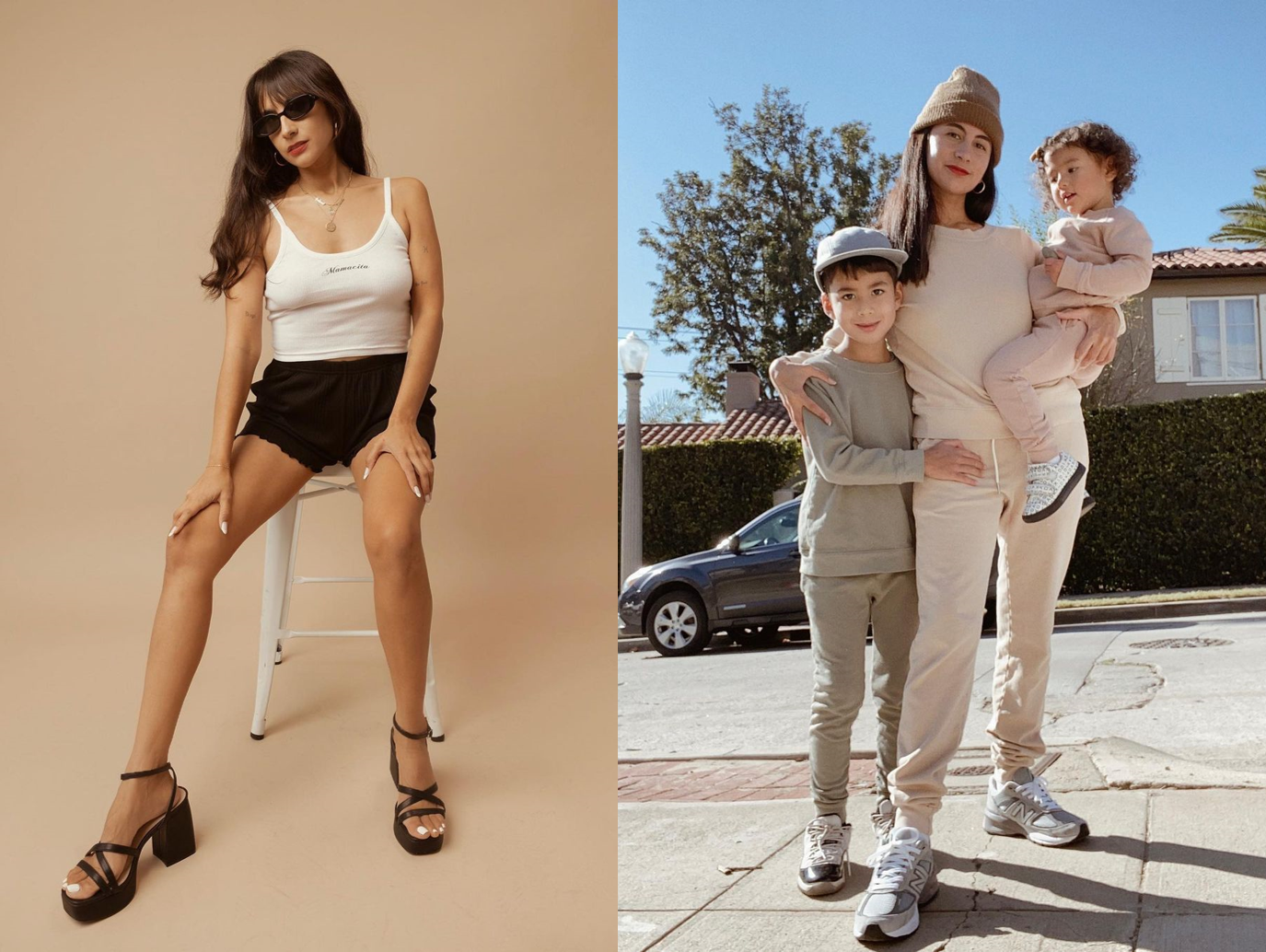 Collage photo of Natalie at a Fashion Mamas photoshoot and a photo of her with her kids