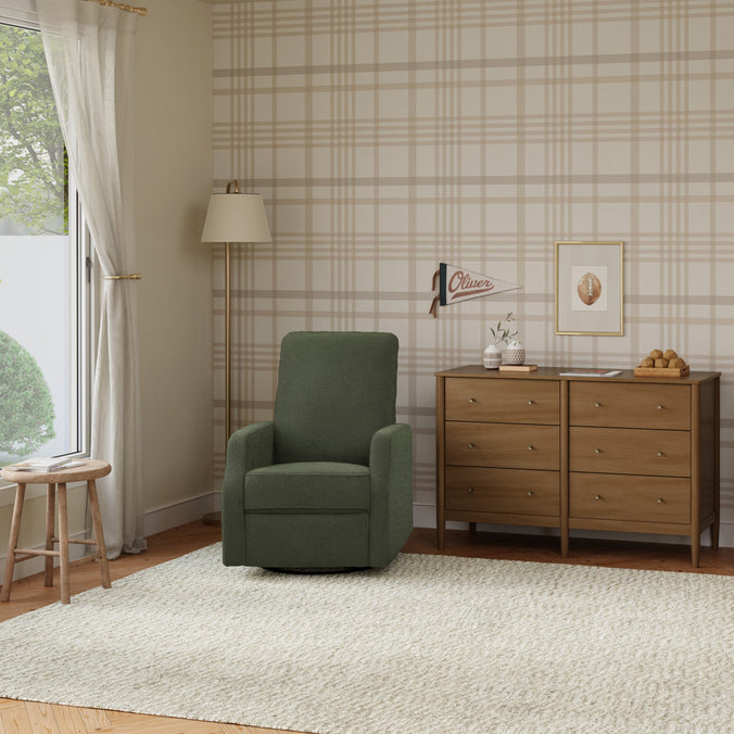M33187COB,DaVinci,Lucas Pillowback Swivel Recliner in Cozy Olive Boucle
