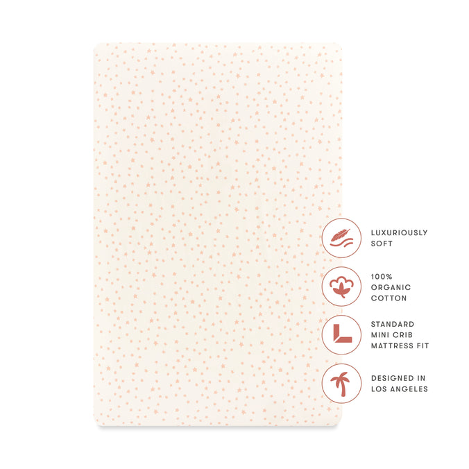T31036IDS,Babyletto,Doodle Stars Organic Brushed Cotton Mini CribSheet in Ivory with Dusty Rose Stars