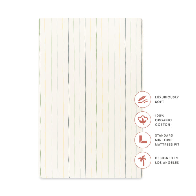 T33636ICS,Babyletto,Wonky Stripe Organic Brushed Cotton Mini CribSheet in Ivory with Cool Multi-Color Stripes