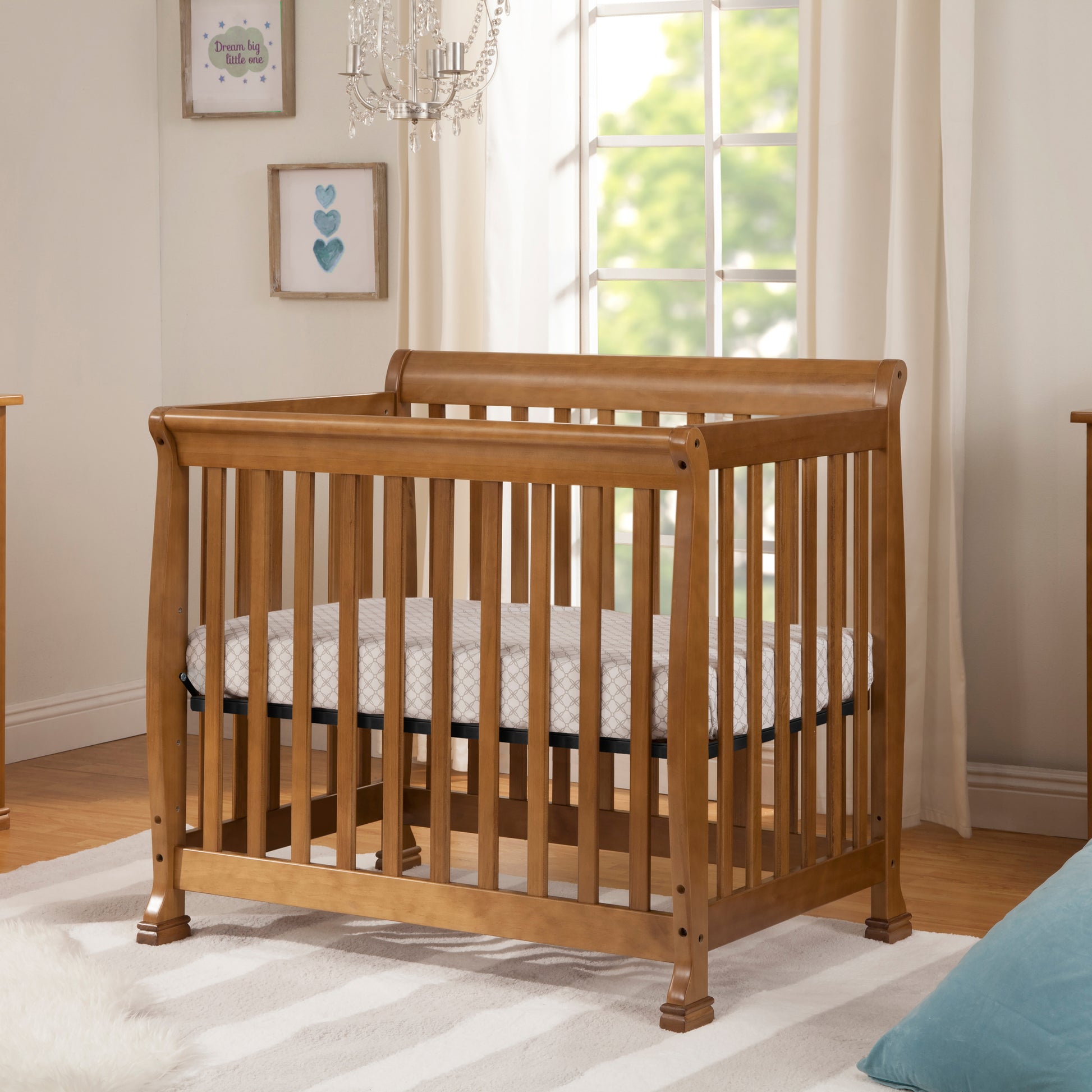 M5598CT,DaVinci,Kalani 4-in-1 Convertible Mini Crib in Chestnut Finish