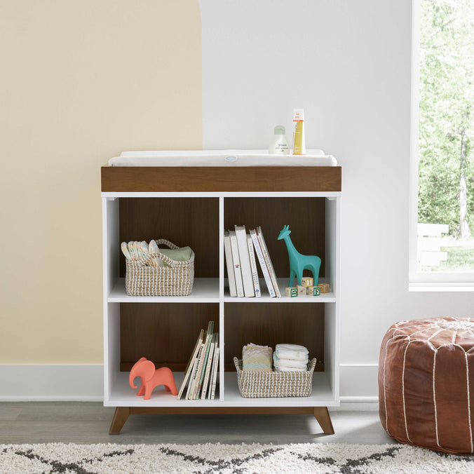 M22511WL,DaVinci,Otto Convertible Changing Table and Cubby Bookcase in White and Walnut