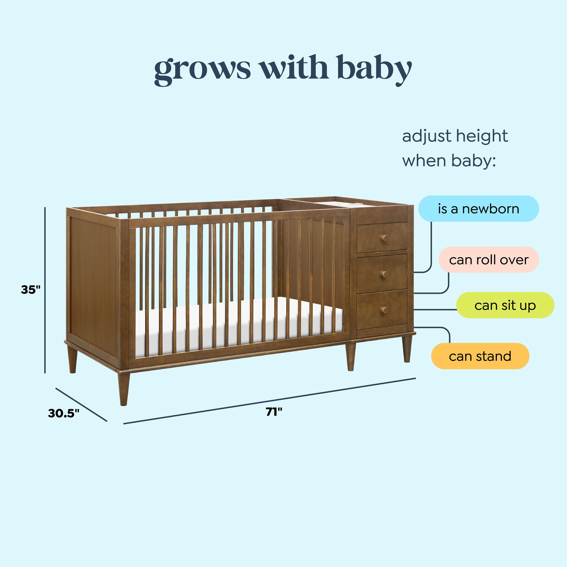 W4991L,DaVinci,Marley Convertible 3-in-1 Crib and Changer Combo in Walnut