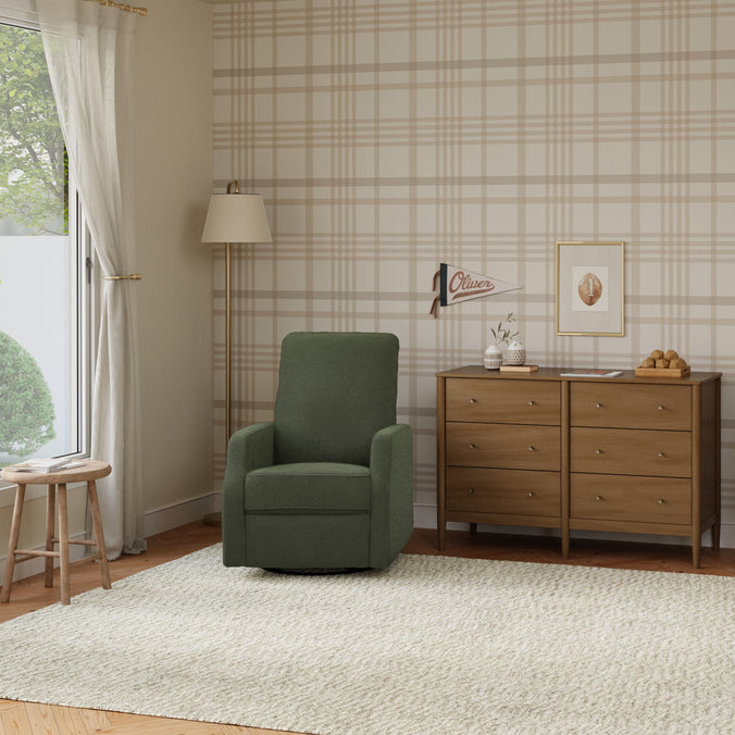 M33187COB,DaVinci,Lucas Pillowback Swivel Recliner in Cozy Olive Boucle