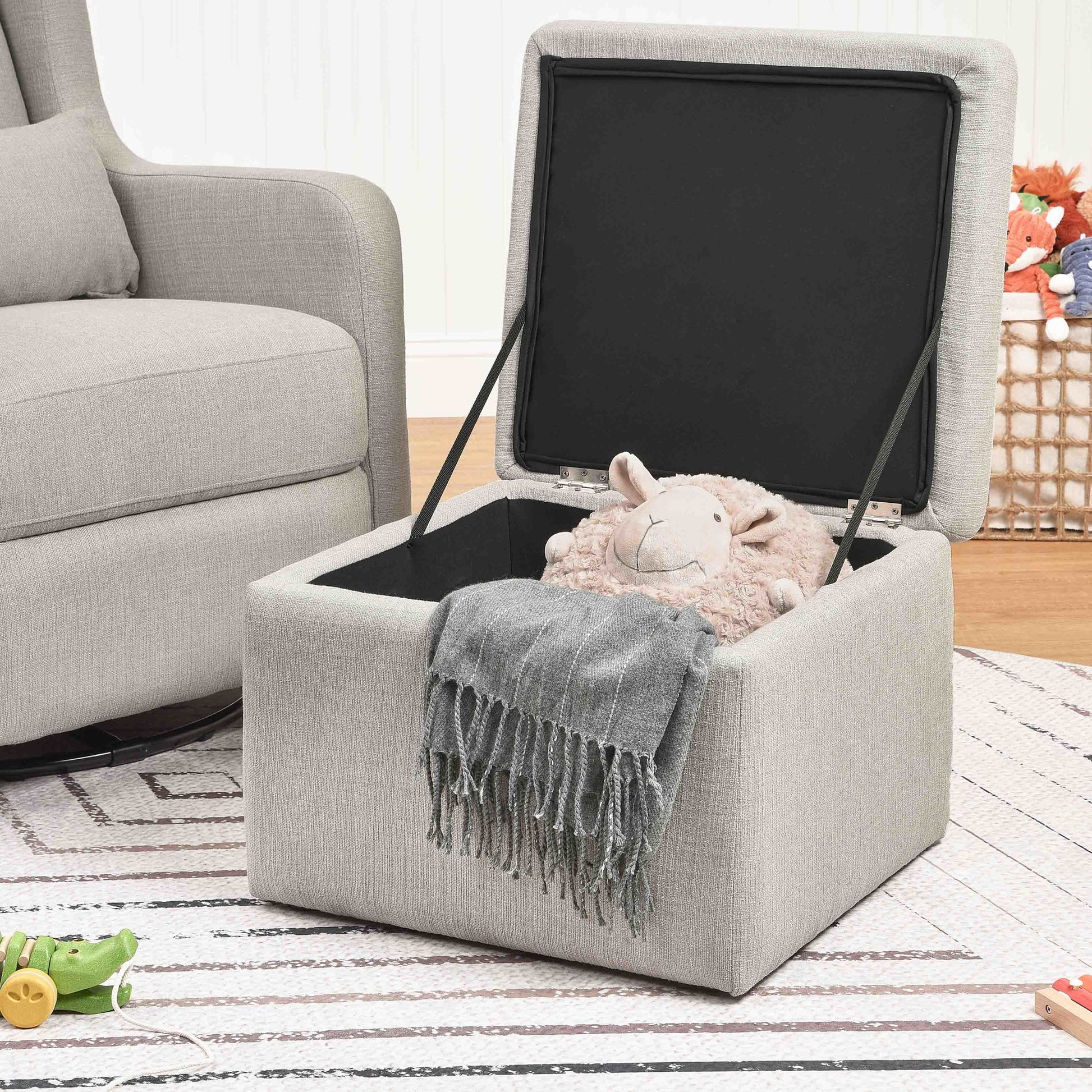 F18787PFTGRY,Carter's,Adrian Swivel Glider with Storage Ottoman in Performance Grey Linen