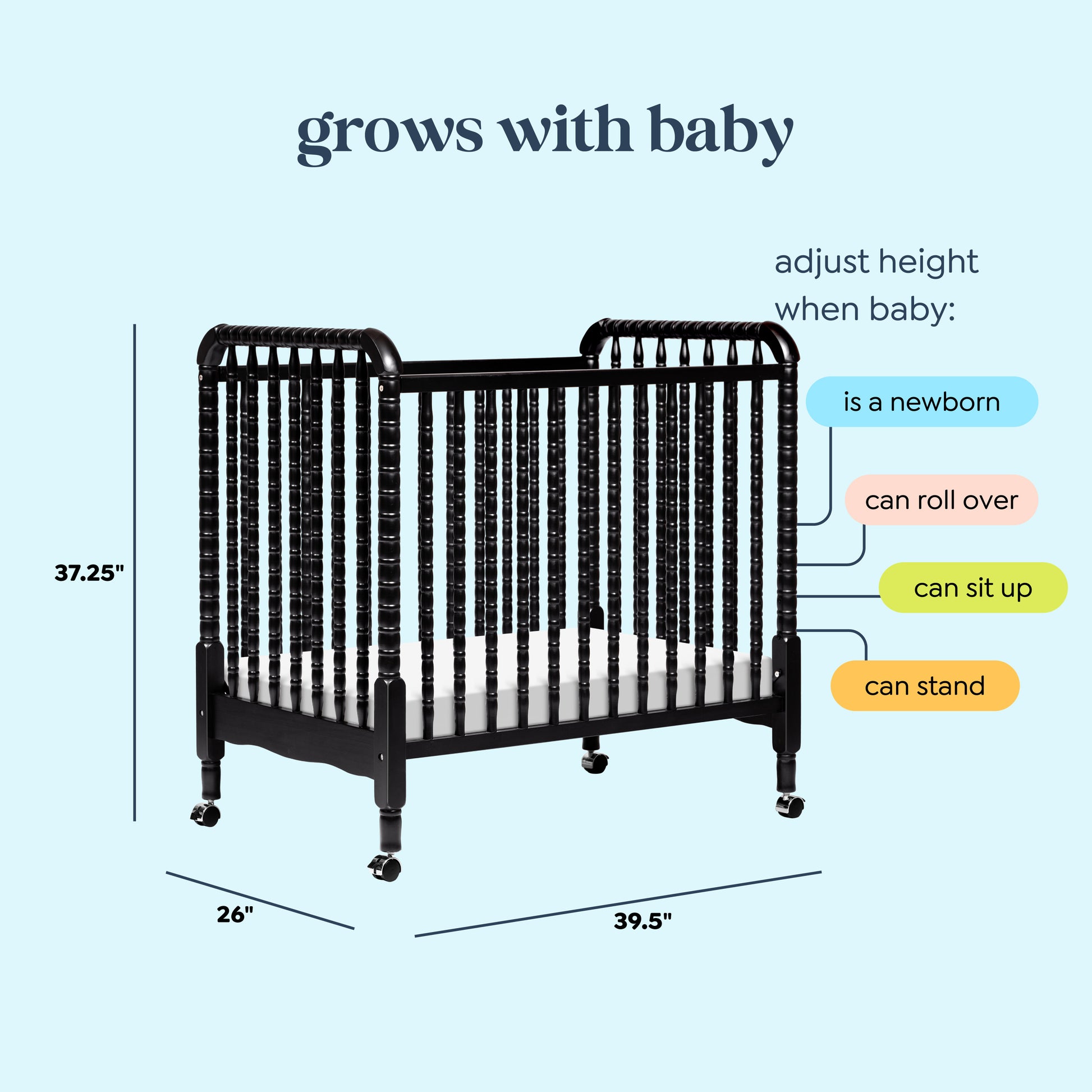 M7398E,DaVinci,Jenny Lind 3-in-1 Convertible Mini Crib in Ebony