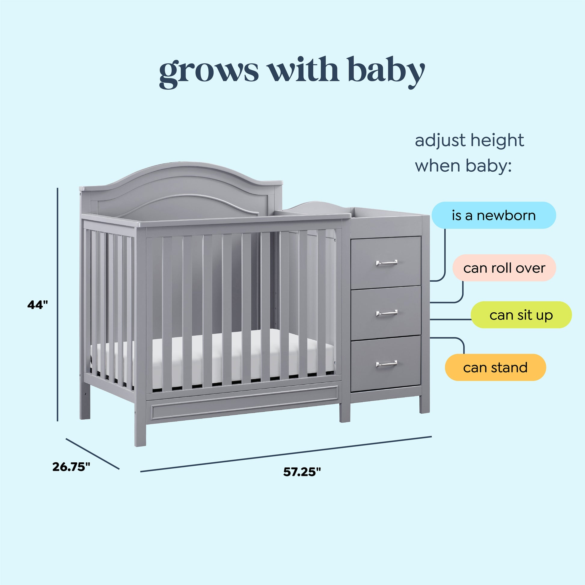 M12881G,DaVinci,Charlie 4-in-1 Convertible Mini Crib & Changer in Grey