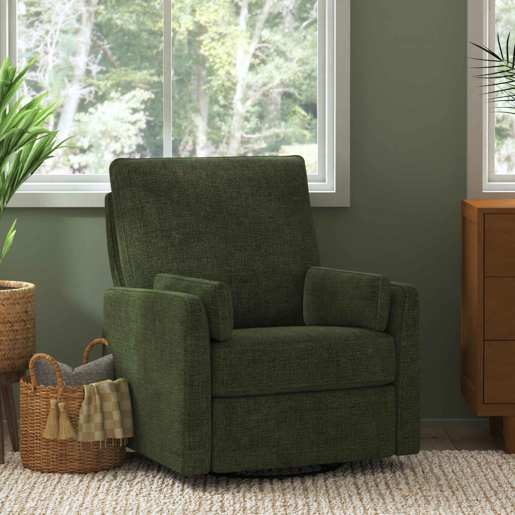 F24687PFGL,Carter's,Ethan Swivel Recliner in Performance Forest Green Linen