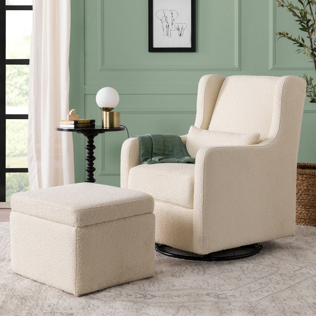 F18787WB,Adrian Swivel Glider with Storage Ottoman in Ivory Boucle