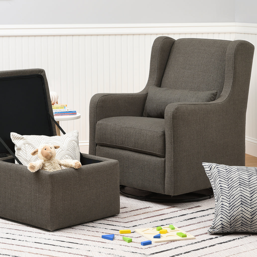 F18787PGY,Adrian Swivel Glider with Storage Ottoman in Performance Charcoal Linen